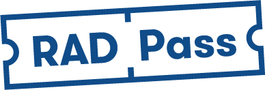 RAD Pass text on a ticket with a white background and blue border